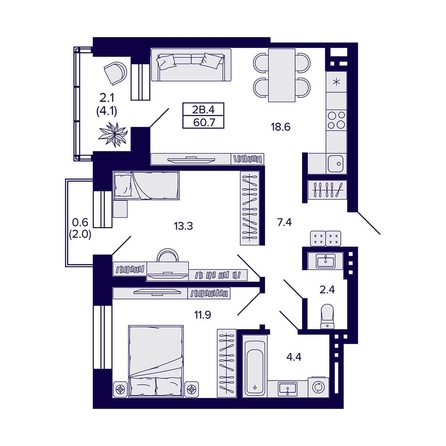 
   Продам 2-комнатную, 60.7 м², Сподвижники

. Фото 2.