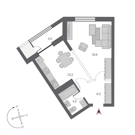 
   Продам 1-комнатную, 44.7 м², Беринг, дом 2

. Фото 3.