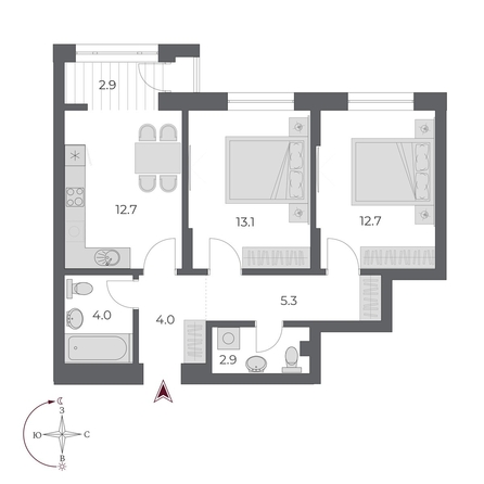 
   Продам 2-комнатную, 57.6 м², ОСКАР, дом 2

. Фото 1.