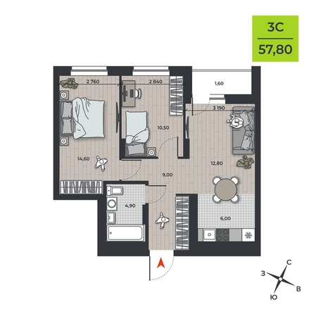 
  Продается 3-комн. квартира, 57.8 м², ЖК ДНК
. Фото 2.