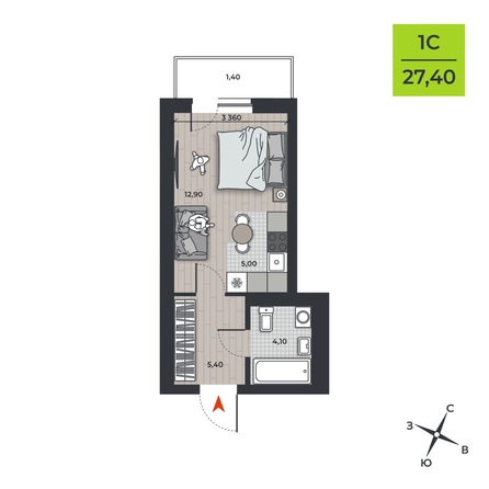 
  Продается студия 27.4 м², в ЖК ДНК. Фото 1.