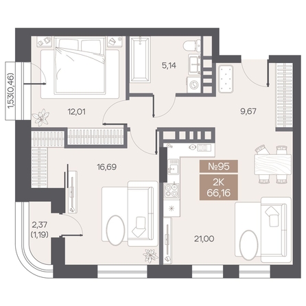 
  Продается 2-комн. квартира 66.16 м², в ЖК ЦЕНТР-ПАРК на Волочаевской. Фото 1.