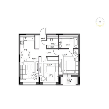 
  Продается 2-комн. квартира 71.36 м², в ЖК Северное Сияние Бизнес. Фото 2.