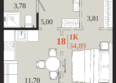 1661: Планировка 1-комн 34,88, 34,89 м²
