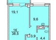 Зеленая высотка на Калинина: Планировка 1-комн 38,1 - 38,5 м²