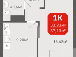 Продается 1-комнатная квартира ЖК Гвардия, 33.93  м², 5272722 рублей