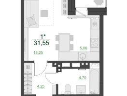Продается 1-комнатная квартира ЖК Дивные Дали, 2 очередь, 31.55  м², 4385450 рублей