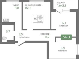 Продается 3-комнатная квартира ЖК Кедр, дом 2, 64  м&sup2;, 8640000 рублей