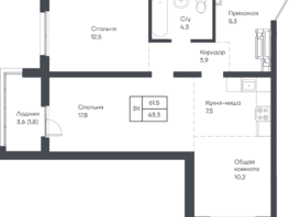 Продается 3-комнатная квартира ЖК Подсолнухи, 63.2  м&sup2;, 8026400 рублей