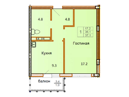 Продается 1-комнатная квартира ЖК Сибирский Двор, дом 2, 37.1  м², 3598700 рублей