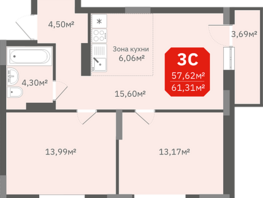 Продается 3-комнатная квартира ЖК Гвардия, 57.62  м², 7260120 рублей