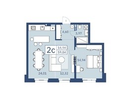 Продается 2-комнатная квартира ЖК Zoe (Зое), 59.76  м², 10500000 рублей