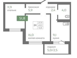 Продается 2-комнатная квартира ЖК Кедр, дом 2, 51.8  м², 5439000 рублей