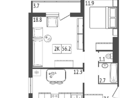 Продается 2-комнатная квартира ЖК Три слона, дом 2, 56.2 м², 6400000 рублей