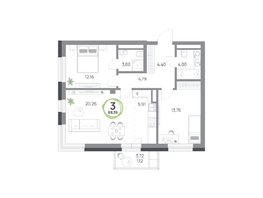 Продается 3-комнатная квартира ЖК Юдинский, дом 1.5, 69.39 м², 8368434 рублей