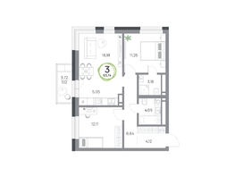 Продается 3-комнатная квартира ЖК Юдинский, дом 1.5, 63.74 м², 7687044 рублей