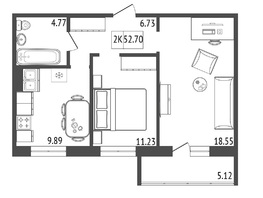 Продается 2-комнатная квартира ЖК Аринский, дом 2 корпус 2, 52.7 м², 5218000 рублей