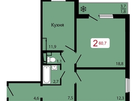 Продается 2-комнатная квартира ЖК КБС. Классика, дом 2, 60.7  м², 7616100 рублей