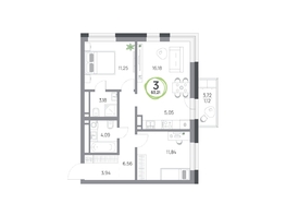 Продается 3-комнатная квартира ЖК Юдинский, дом 1.4, 63.21  м&sup2;, 8956857 рублей