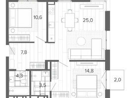 Продается 3-комнатная квартира ЖК Вышка, корпус 1, 67.67  м², 11280000 рублей