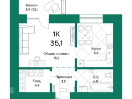 Продается 1-комнатная квартира ЖК Широта, корпус 1, 35.1  м², 5812560 рублей