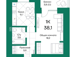 Продается 1-комнатная квартира ЖК Широта, корпус 2, 38.1  м², 5695950 рублей