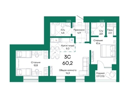 Продается 3-комнатная квартира ЖК Широта, корпус 2, 60.2 м², 8378636 рублей