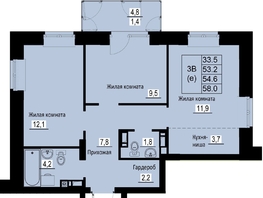Продается 3-комнатная квартира ЖК Зеленые кварталы, 4 очередь, 54.6 м², 7589400 рублей