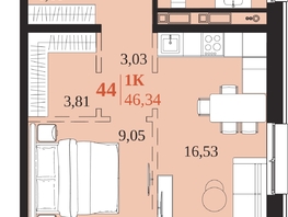 Продается 1-комнатная квартира ЖК 1661, 46.34  м&sup2;, 9777740 рублей