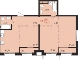 Продается 3-комнатная квартира ЖК 1661, 76.74  м&sup2;, 15117780 рублей
