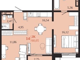 Продается 2-комнатная квартира ЖК 1661, 60.05  м&sup2;, 11409500 рублей