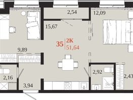 Продается 2-комнатная квартира ЖК 1661, 51.64  м&sup2;, 10379640 рублей