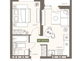Продается 1-комнатная квартира ЖК НОВА на Московском, 34.79  м&sup2;, 6733159 рублей