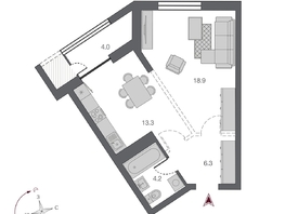 Продается 1-комнатная квартира ЖК Беринг, дом 2, 42.7 м², 9100000 рублей