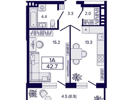 Продается 1-комнатная квартира ЖК Luna (Луна), 42.7  м², 7100000 рублей