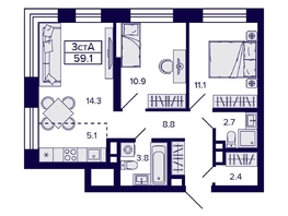 Продается 3-комнатная квартира ЖК Citatum (Цитатум), 59.1 м², 10100000 рублей