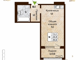 Продается 1-комнатная квартира ЖК Новый горизонт, дом 4, 26.6  м², 4000000 рублей