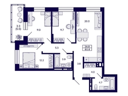 Продается 3-комнатная квартира ЖК Сподвижники, 80.8  м², 9100000 рублей