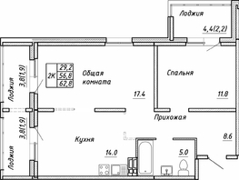 Продается 2-комнатная квартира ЖК Квартет, дом Дуэт, 62.8  м², 7337500 рублей