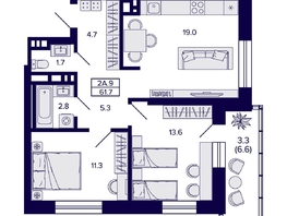 Продается 2-комнатная квартира ЖК Сподвижники, 61.7  м², 7450000 рублей