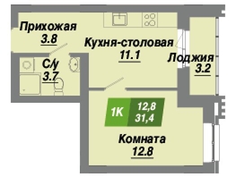 Продается 1-комнатная квартира ЖК Калининский квартал, дом 2, 31.4 м², 5463600 рублей