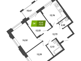 Продается 3-комнатная квартира ЖК Бирюзовая жемчужина-4, 75.52 м², 12611840 рублей
