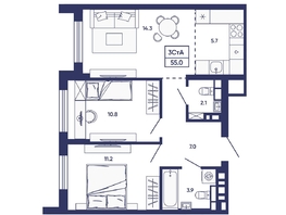 Продается 3-комнатная квартира ЖК Сподвижники, дом 3, 55  м&sup2;, 7750000 рублей