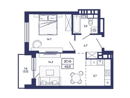 Продается 2-комнатная квартира ЖК Сподвижники, дом 3, 45  м&sup2;, 5700000 рублей