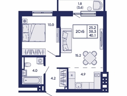 Продается 2-комнатная квартира ЖК Горизонт, дом 2, 40.1  м&sup2;, 6900000 рублей