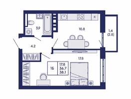 Продается 1-комнатная квартира ЖК Горизонт, дом 2, 38.1  м&sup2;, 5850000 рублей