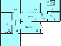 Продается 3-комнатная квартира ЖК Акварельный 4.0, 88.3  м&sup2;, 9400000 рублей