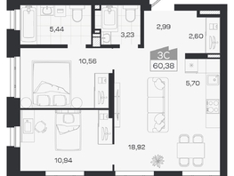Продается 3-комнатная квартира ЖК Квартал 54, дом 1, 60.38  м&sup2;, 8577000 рублей