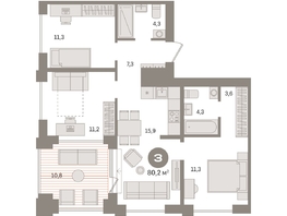 Продается 3-комнатная квартира ЖК Пшеница, дом 2.2, 80.17  м&sup2;, 12910000 рублей