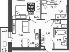 Продается 2-комнатная квартира ЖК Ермак, 58.94  м&sup2;, 7500000 рублей